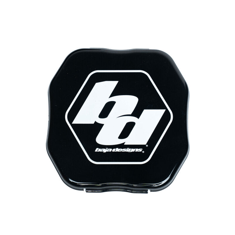 Black snap-on rock guard protective cover for Baja Designs Squadron 2.0 series LED auxiliary lights.