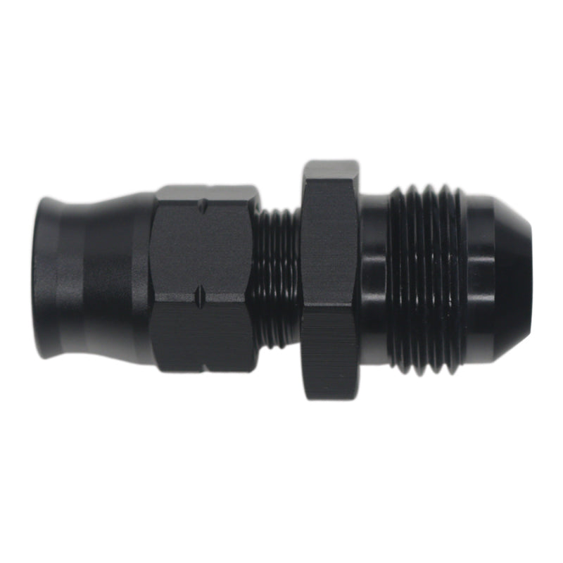 DeatschWerks 8AN male flare to 3/8 inch hardline compression adapter fitting in matte black finish with brass olive.