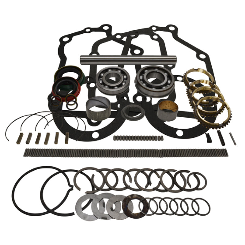 Yukon Gear transmission rebuild kit featuring bearings and synchronizer rings for 1966-1974 Muncie gearboxes.