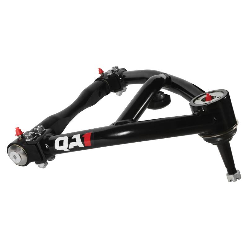 Tubular steel QA1 Pro-Touring front upper control arms with billet aluminum cross shafts and extended ball joints.