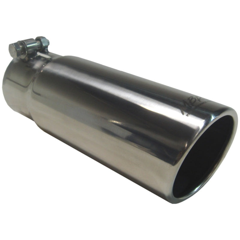 MBRP mirror-polished T304 stainless steel exhaust tip with a 3-inch inlet and angled rolled edge.