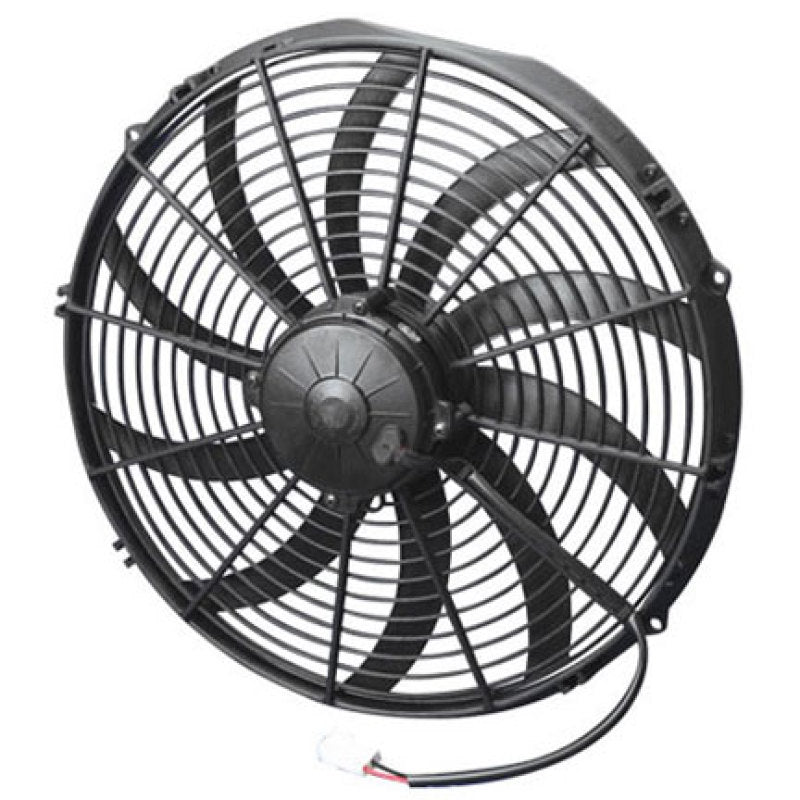 SPAL 16-inch high-performance curved blade electric radiator fan in puller configuration.