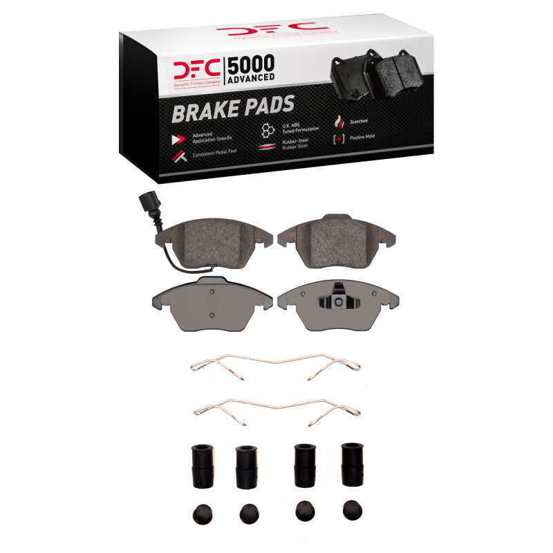 DFC 5000 Advanced ceramic front brake pads set with included stainless steel hardware clips.