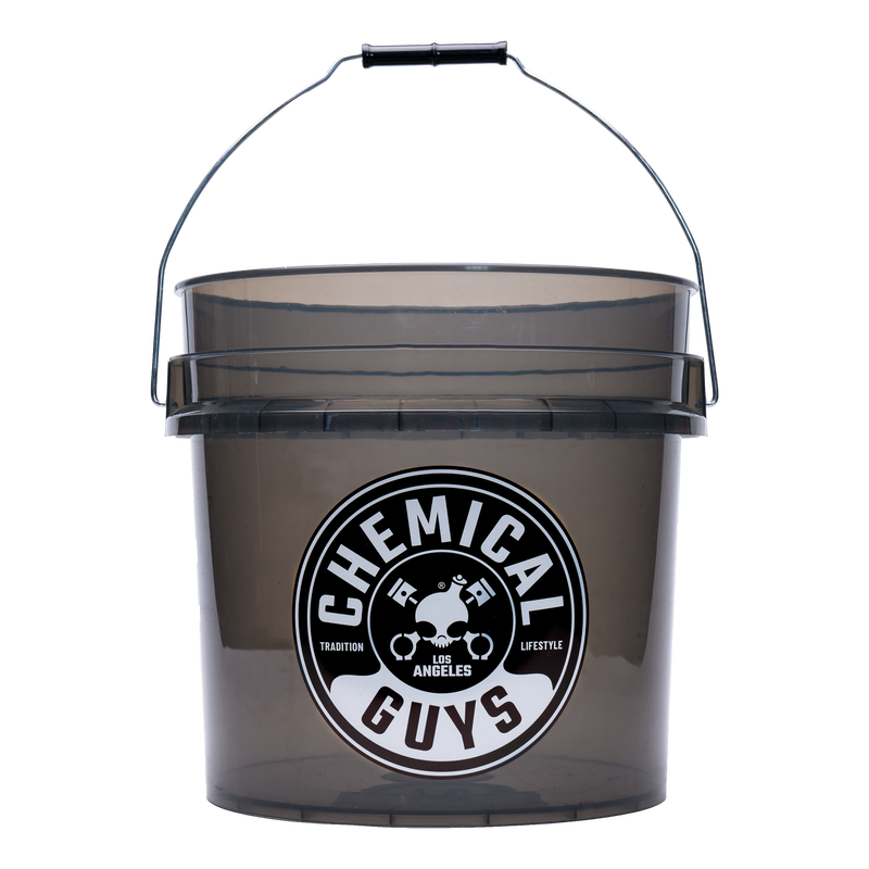 Translucent smoked black 4.5-gallon Chemical Guys heavy duty detailing bucket with metal handle.