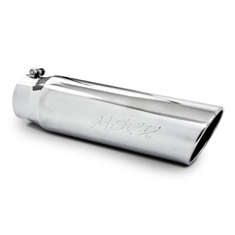 Polished T304 stainless steel exhaust tip with 5 inch angled rolled end and 4 inch inlet.