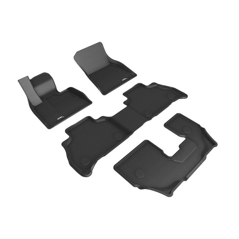 Three-row set of black 3D MAXpider Kagu Series custom-fit floor mats for a 7-passenger BMW X7.