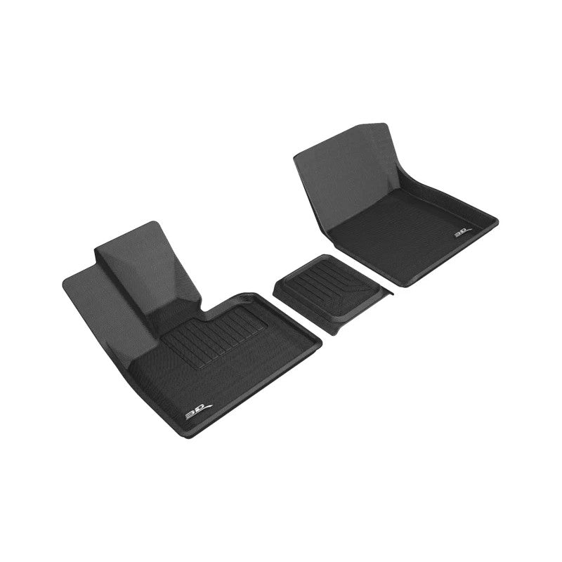 Black 3D MAXpider Kagu Series custom-fit 1st row floor mats for 2014-2021 BMW i3 models showing carbon fiber texture.