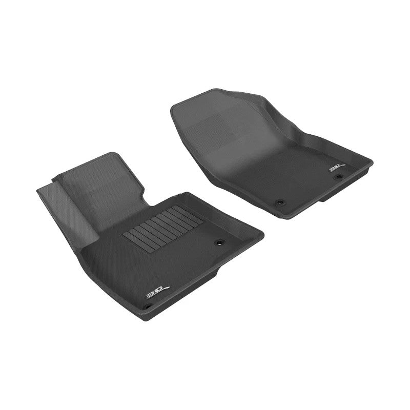 Black 3D MAXpider Kagu Series front row floor mats with carbon fiber texture for 2014-2022 Mazda 3 and Mazda 6.