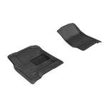 Black 3D MAXpider Kagu Series 1st row floor mats with carbon fiber texture and raised edges for GM trucks and SUVs.