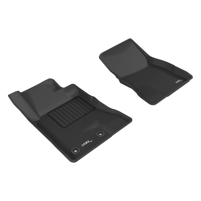 Black 3D MAXpider Kagu Series 1st row floor mats with carbon fiber texture for 2015-2026 Ford Mustang.