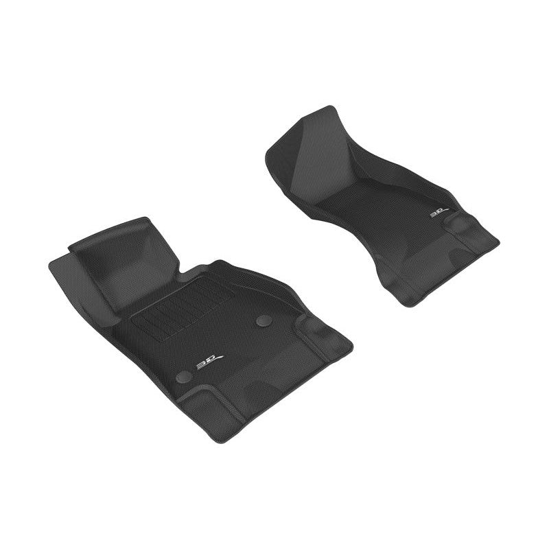 Black 3D MAXpider Kagu Series 1st row floor mats for 2016-2024 Chevrolet Camaro featuring carbon fiber embossed texture.