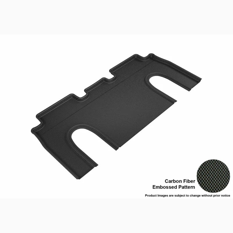 Black 3D MAXpider Kagu 2nd row floor mat with carbon fiber texture and raised edges for a 6-seat Tesla Model X.