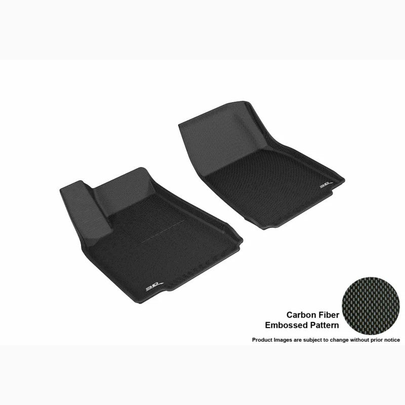 3D MAXpider Kagu 1st row black floor mats for Tesla Model X featuring carbon fiber texture and raised edges.