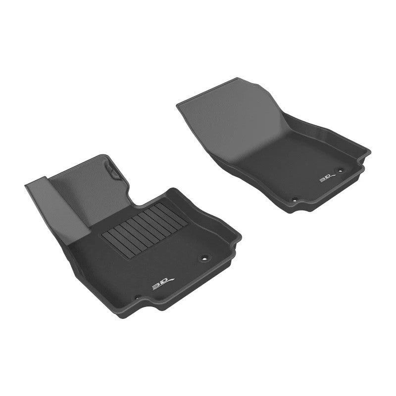 3D MAXpider Kagu Series black first row floor mats featuring carbon fiber texture and custom molded raised edges.