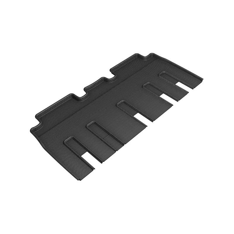 Black 3D MAXpider Kagu 2nd row floor mat with carbon fiber texture for 2017-2021 Tesla Model X folding 7-seat models.