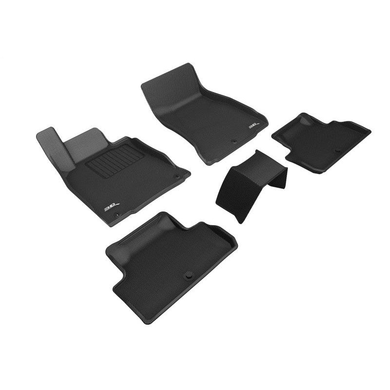 Black 3D MAXpider Kagu custom-fit 1st and 2nd row floor mats with carbon fiber texture for Genesis G70.