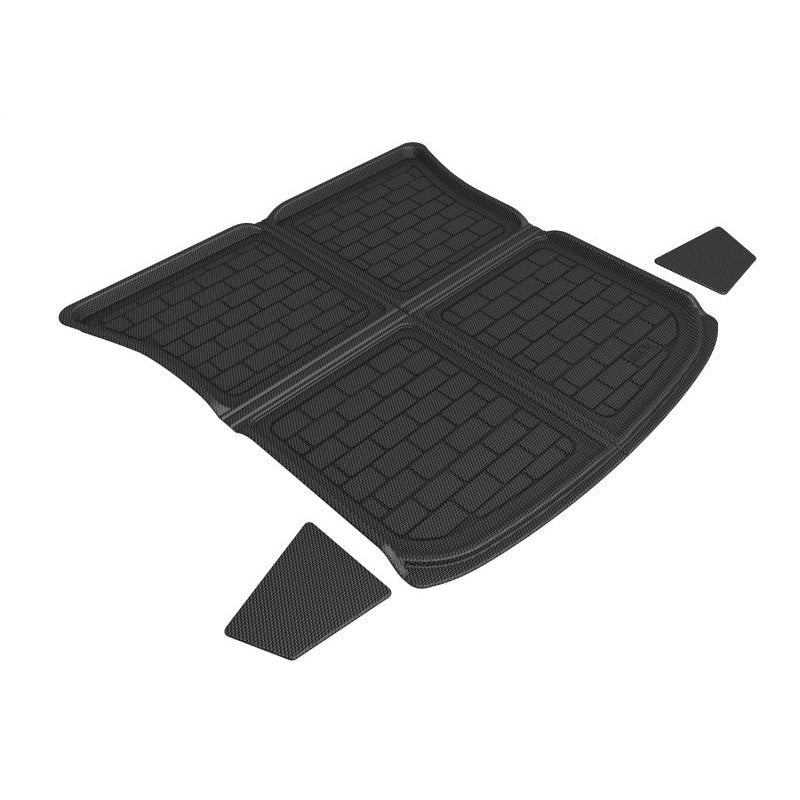 Black 3D MAXpider Kagu Upper Rear Cargo Liner with carbon fiber texture and raised edges for 2020-2025 Tesla Model X and Y.