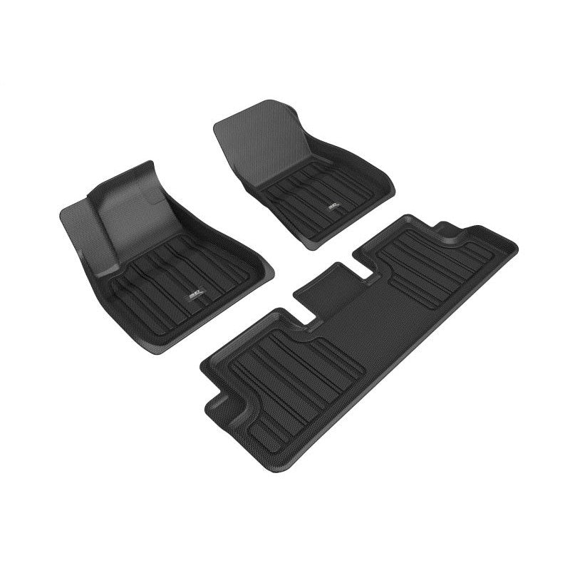 Black 3D MAXpider Elitect 1st and 2nd row floor mats for a 2020-2023 Tesla Model 3 with textured all-weather surface.
