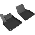 Black 3D MAXpider KAGU Series first-row floor mats for Tesla Model Y showing carbon fiber texture and raised edges.