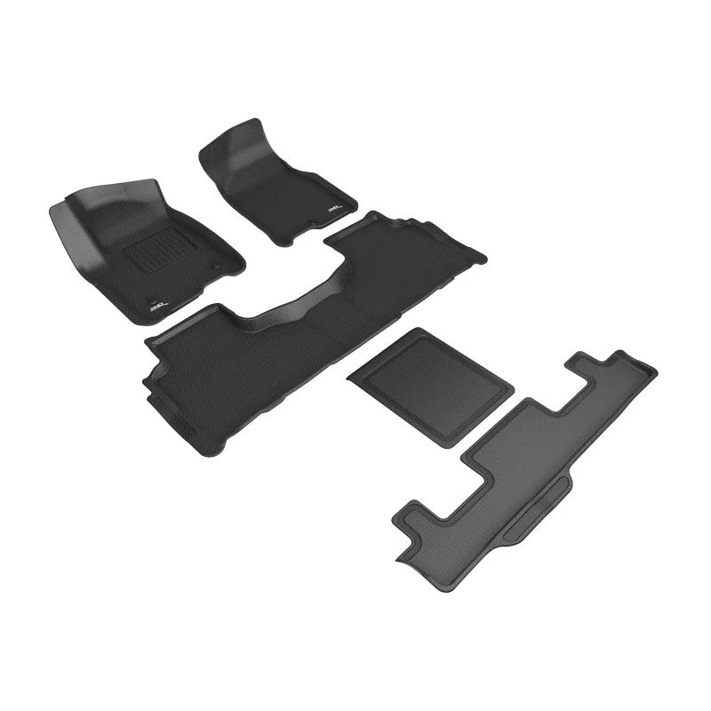 3D MAXpider Kagu Series black textured floor mats for 1st, 2nd, and 3rd rows of a 2021-2026 Tahoe or Yukon 7-seat SUV