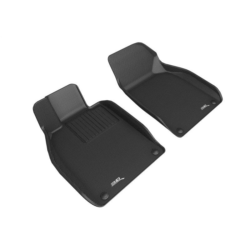 Black 3D MAXpider KAGU Series custom-fit floor mats with carbon fiber texture for 2013-2023 Porsche 718 and Boxster.