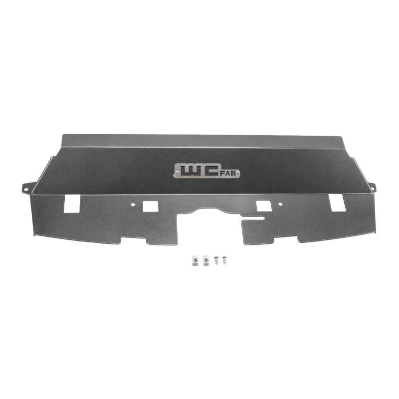 Gloss black 10-gauge aluminum radiator cover with riveted WCFab logo for 2013-2018 Ram 2500/3500 trucks