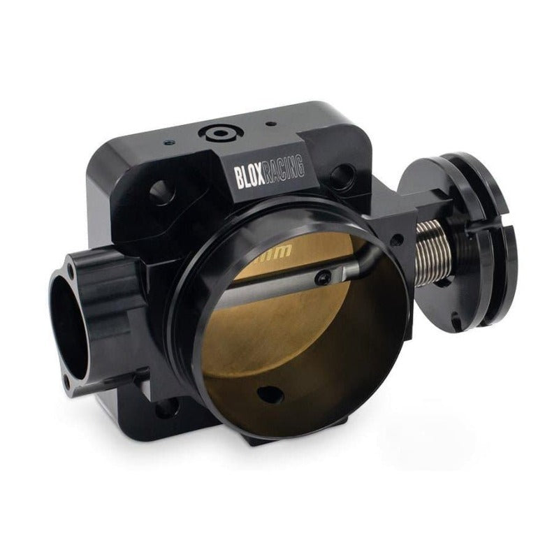 Black anodized 76mm CNC-machined billet aluminum throttle body for Honda B, D, H, and F-series engines.
