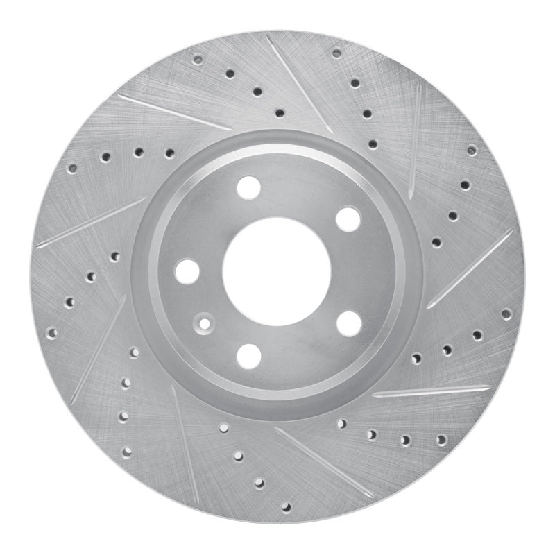 R1 Concepts front right silver drilled and slotted brake rotor for Audi A4, A5, A6, and Q5.