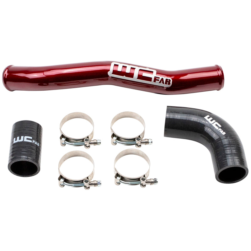 WCFab Red powder-coated aluminum upper coolant pipe for L5P Duramax with silicone boots and stainless T-bolt clamps