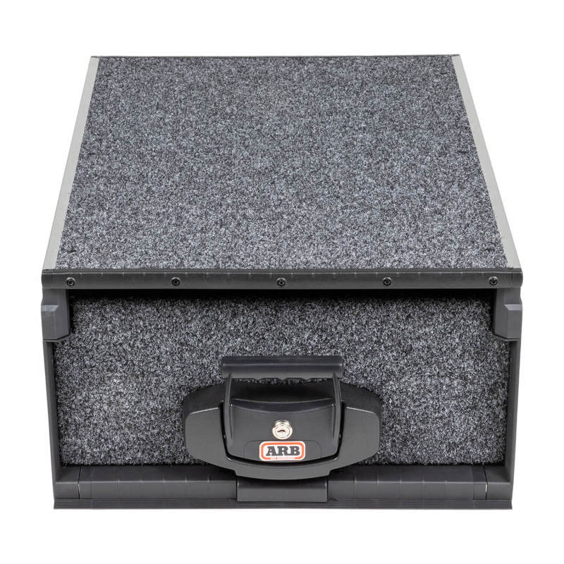 ARB Outback Solutions carpeted modular roller drawer with slam-shut locking handle and steel reinforced edges