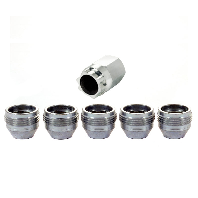 Silver McGard wheel lock set featuring 5 cone seat lock nuts and one matching security key tool.