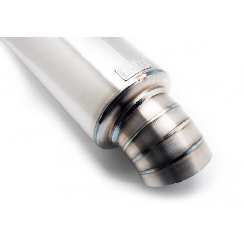 BLOX Racing 2.5-inch universal street muffler featuring a polished finish and integrated turndown exhaust tip.
