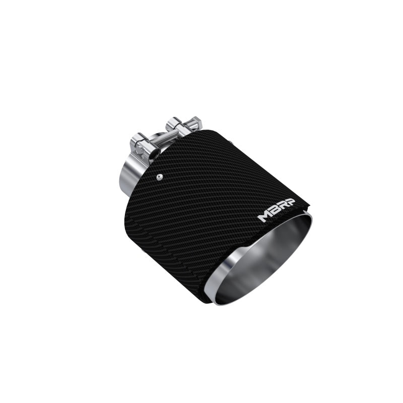 MBRP dual-wall carbon fiber exhaust tip with a 2.5-inch inlet and 5-inch angle-cut outlet.