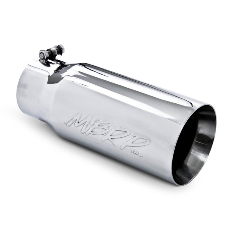 Polished T304 stainless steel MBRP exhaust tip with 5 inch outer diameter and dual wall straight cut design.