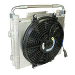 BD Diesel Xtrude double stacked transmission cooler assembly with fan and mounting bracket.