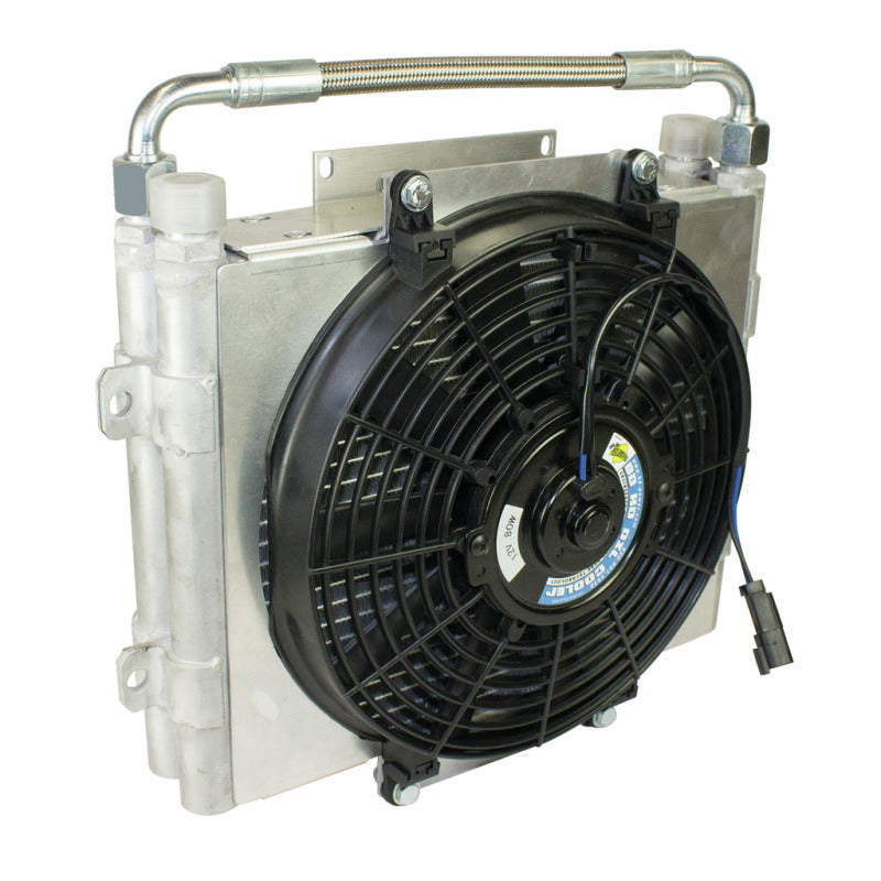BD Diesel Xtrude double stacked transmission cooler assembly with fan and mounting bracket.