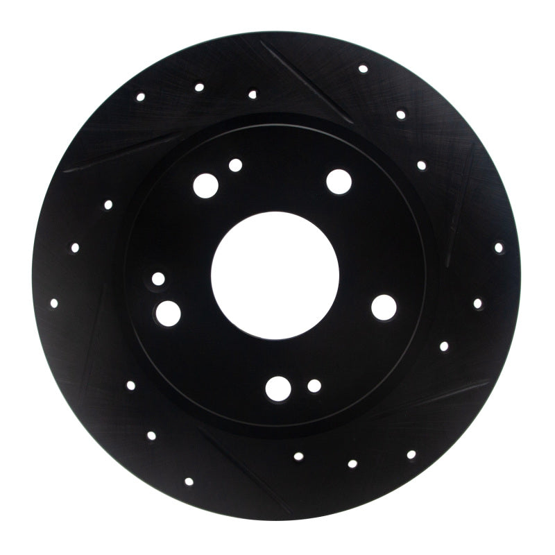 R1 Concepts rear right drilled and slotted brake rotor with a protective black finish.