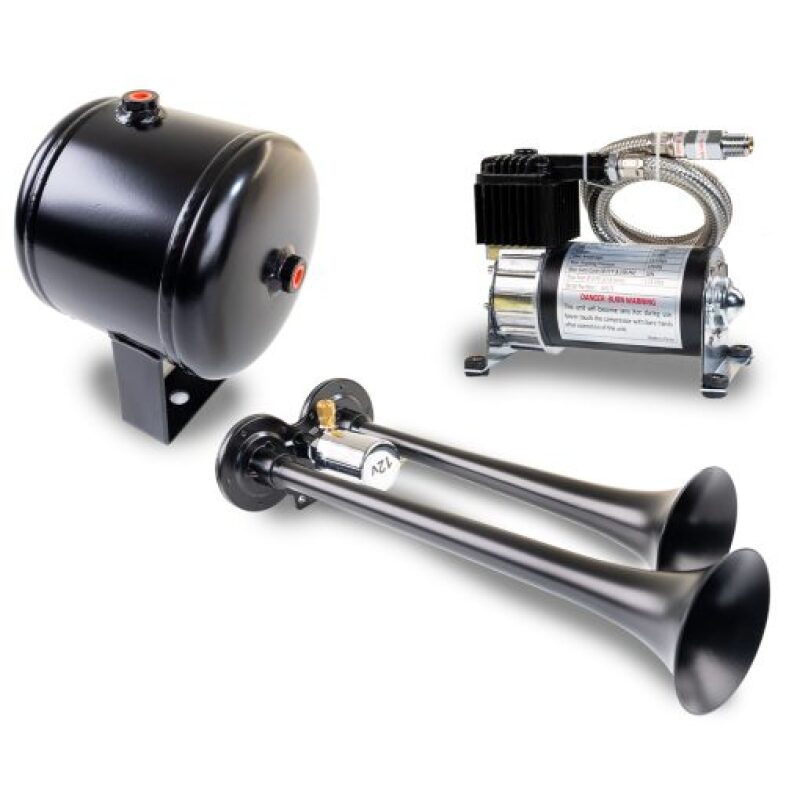 Kleinn HK2-1 ProBlaster dual black metal air horn trumpets with 0.5 gallon steel tank and 6270RC air compressor