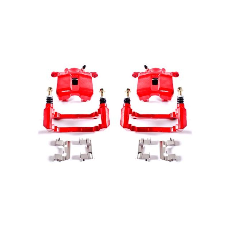 Pair of Power Stop S2584 front brake calipers with high-temp red powder coating and included mounting brackets.