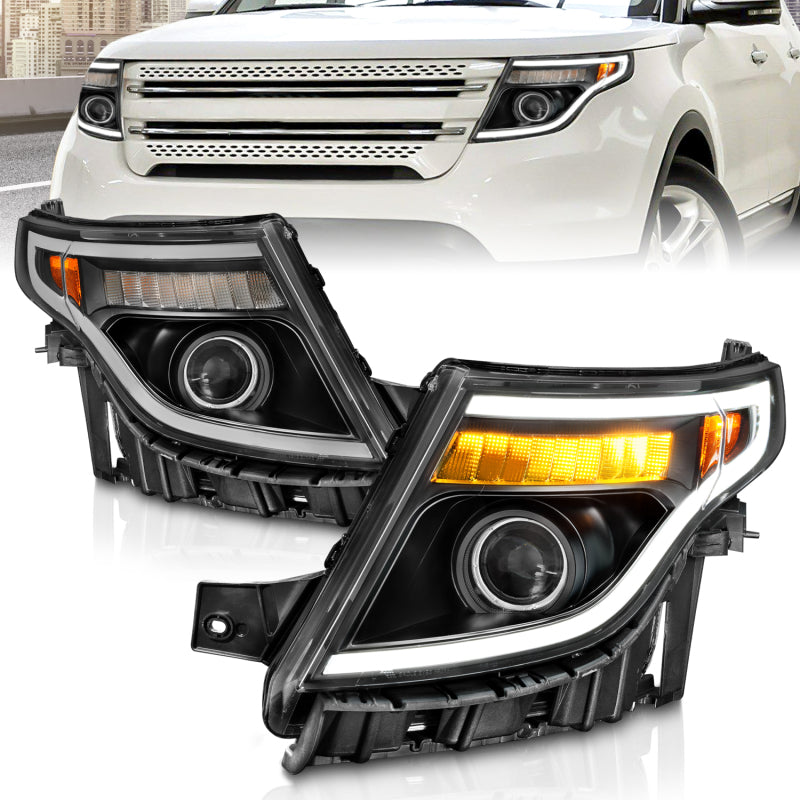 ANZO black housing projector headlights with integrated LED light bar for 2011-2015 Ford Explorer