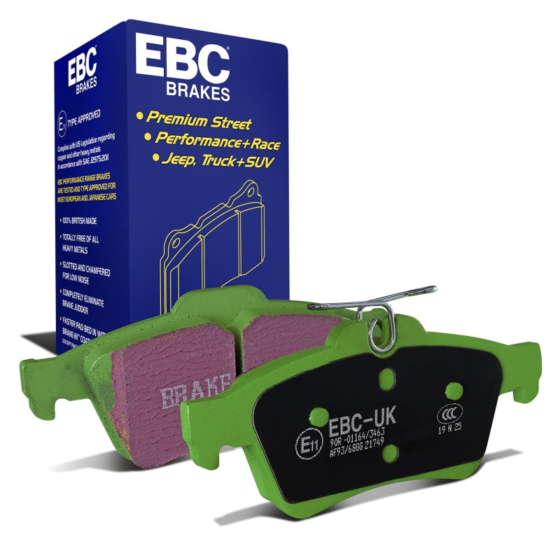 EBC Greenstuff DP21749 rear brake pads featuring green friction material and black steel backing plates.