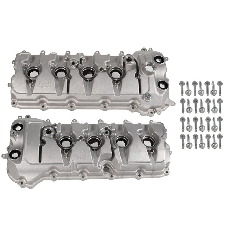 Pair of Ford Racing raw aluminum camshaft covers with included gaskets, VCT grommets, and oil fill cap