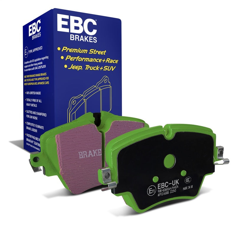 EBC Greenstuff DP22245 front disc brake pads featuring green friction material and bed-in coating.