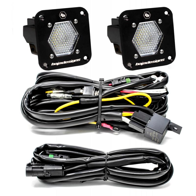 Pair of black Baja Designs S1 LED backup lights with Work/Scene lenses and stainless steel mounting brackets.