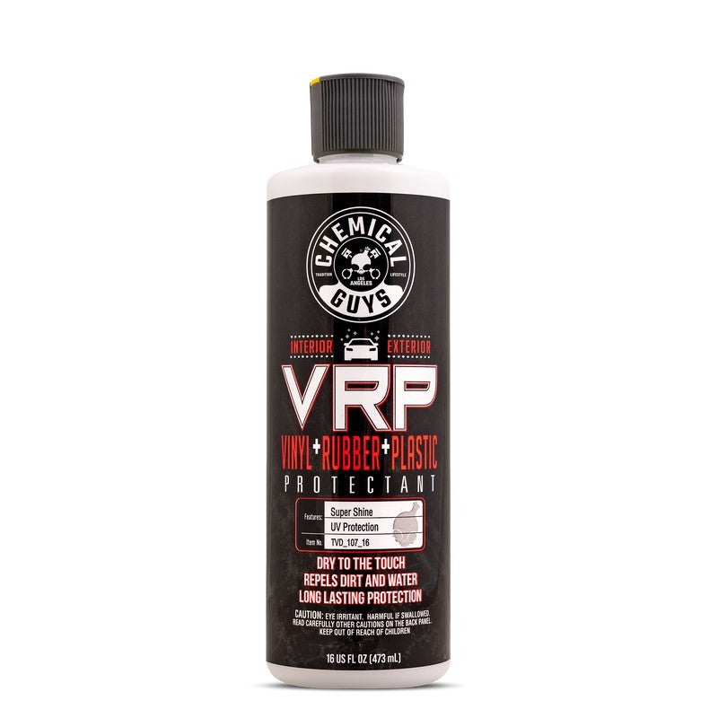 16oz bottle of Chemical Guys VRP Vinyl, Rubber, and Plastic Super Shine Dressing with flip-top dispensing cap.