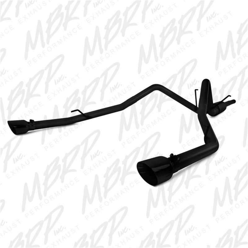 MBRP ARMOR BLK Cat-Back Dual Split Rear Exhaust system with black powder-coated tailpipes and tips.