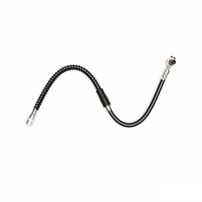High-pressure front brake hose with flexible black rubber tubing and steel end fittings with integrated mounting brackets.