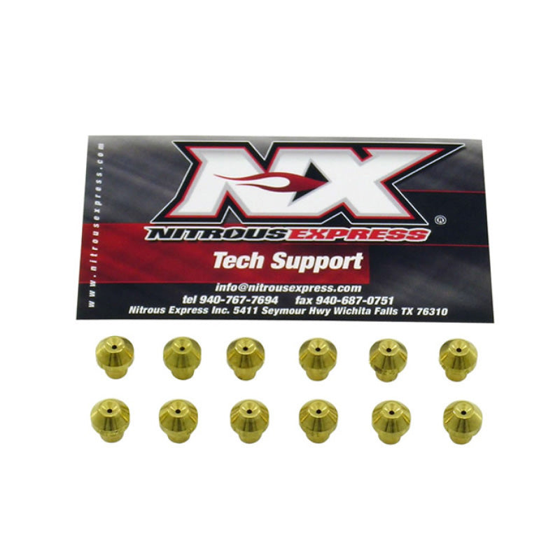 Collection of precision CNC-machined brass nitrous jets from the Nitrous Express Hitman Plus 40041JP kit.