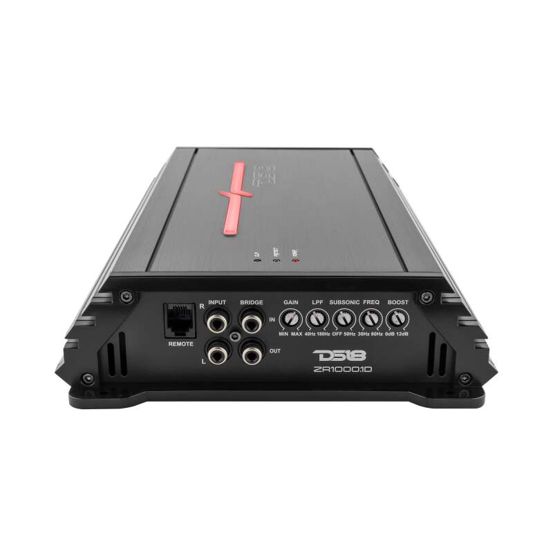 DS18 ZR1000.1D ZR Series Class D monoblock car audio amplifier with black heat sink and terminal connections.