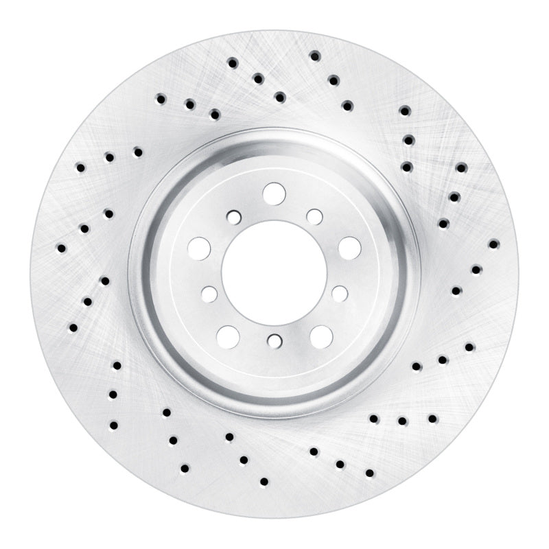 DFC right front cross-drilled performance brake rotor with silver iron finish for BMW M-series vehicles.